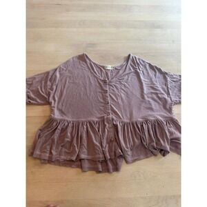 Altard State Womens‎ Mauve Ruffle Hem Button Front Short Sleeve Top